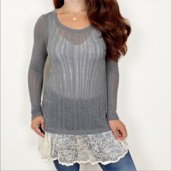 ALTAR’D STATE Grey Lace Sheer Knit Tunic Top Small Boho Bohemian - Picture 1 of 7
